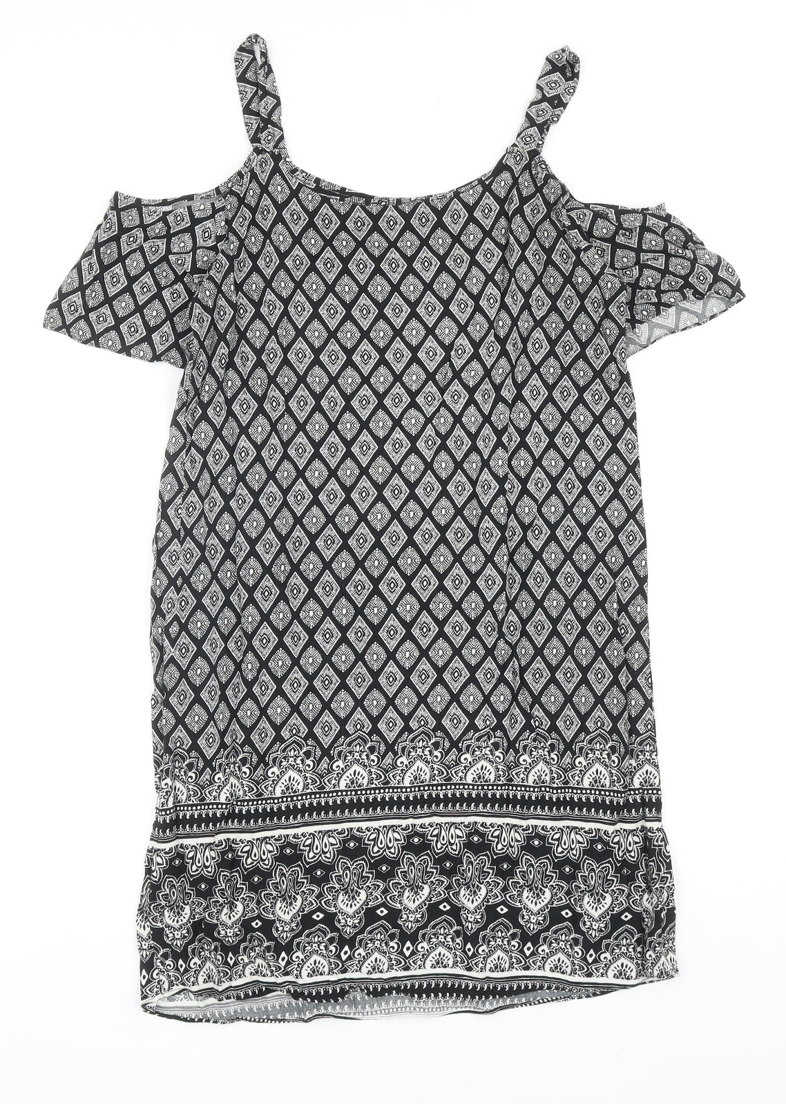 Papaya Womens Black Geometric Polyester A-Line Size 8 Scoop Neck Pullover - Cold Shoulder