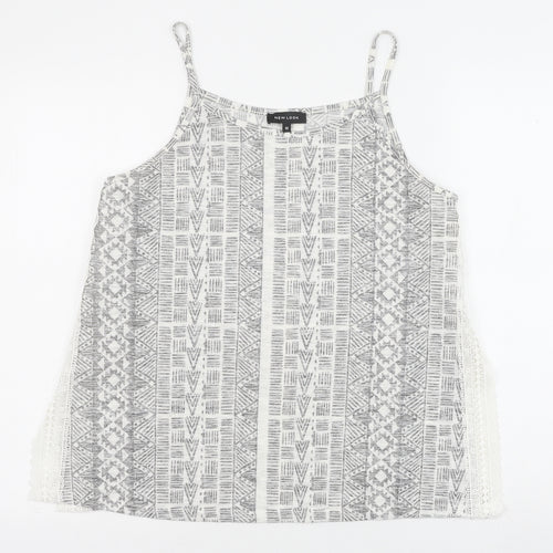 New Look Womens Grey Geometric Polyester Basic Tank Size 12 Round Neck - Lace Detail