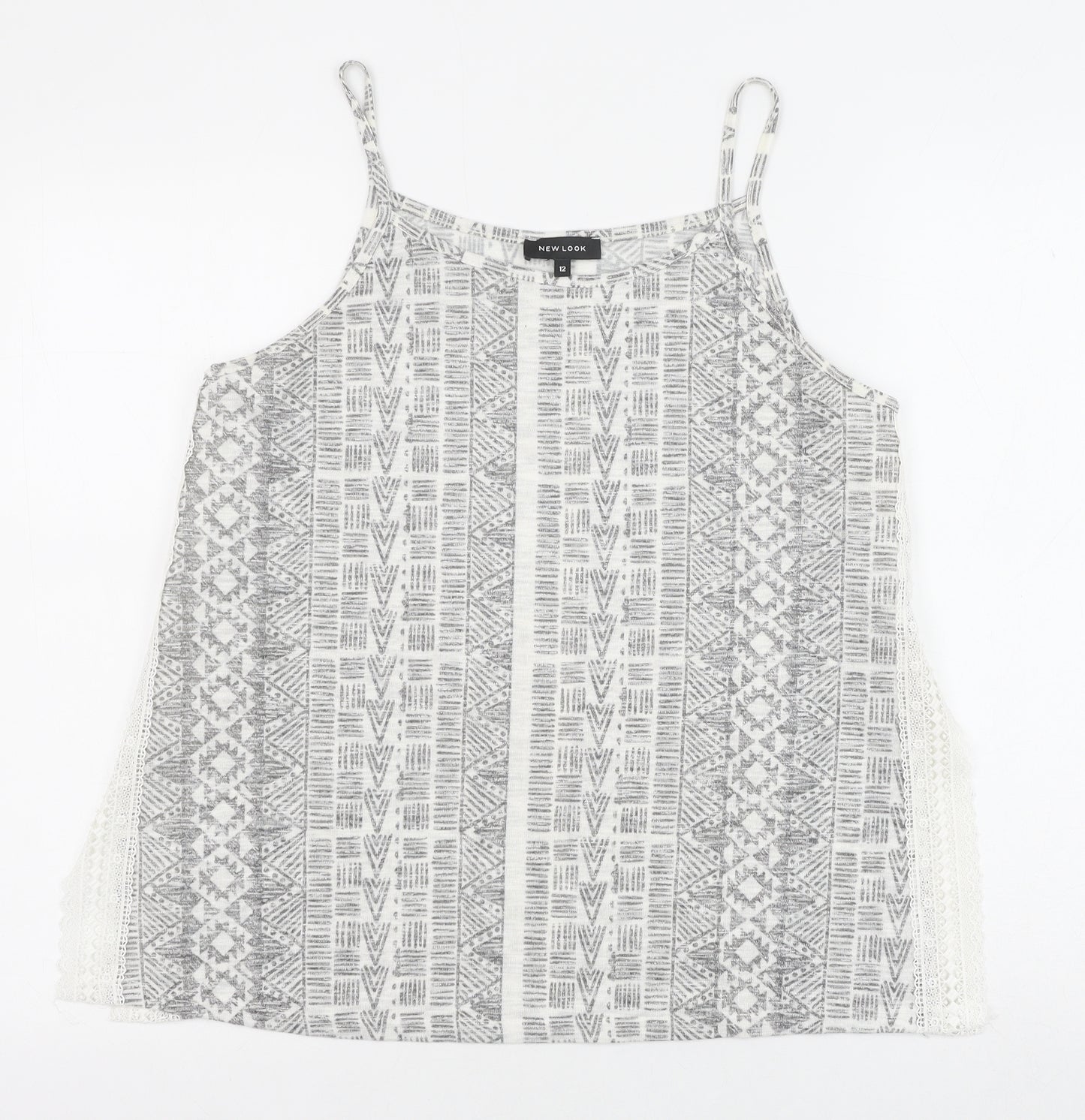 New Look Womens Grey Geometric Polyester Basic Tank Size 12 Round Neck - Lace Detail