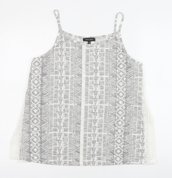 New Look Womens Grey Geometric Polyester Basic Tank Size 12 Round Neck - Lace Detail