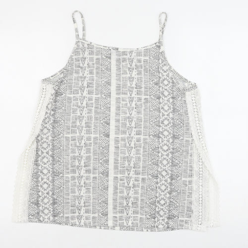 New Look Womens Grey Geometric Polyester Basic Tank Size 12 Round Neck - Lace Detail