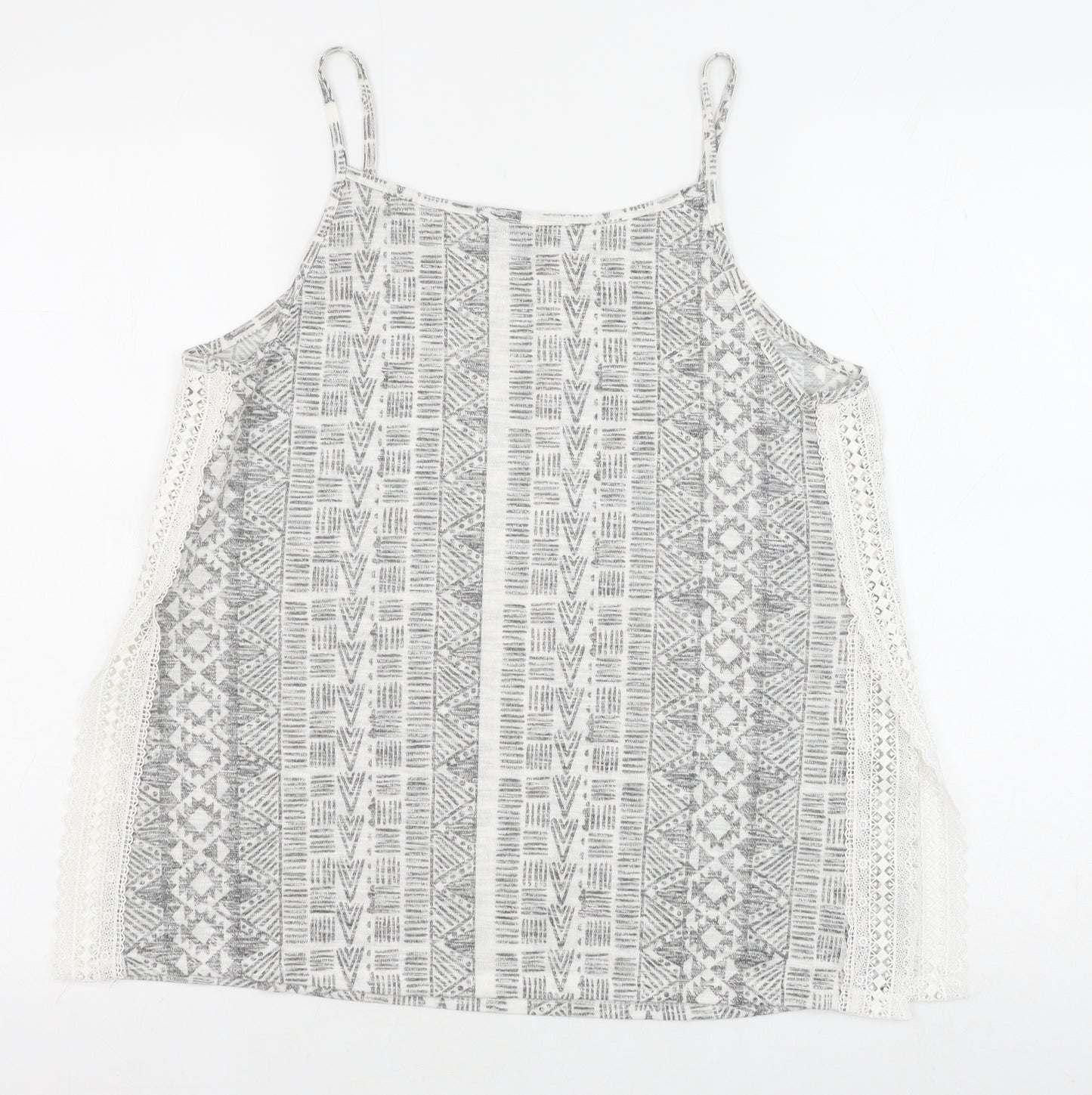 New Look Womens Grey Geometric Polyester Basic Tank Size 12 Round Neck - Lace Detail