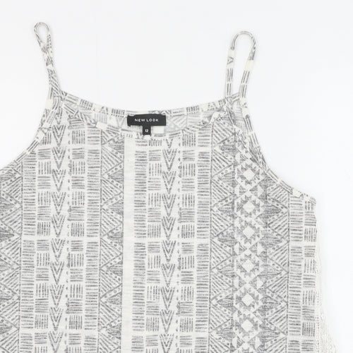 New Look Womens Grey Geometric Polyester Basic Tank Size 12 Round Neck - Lace Detail