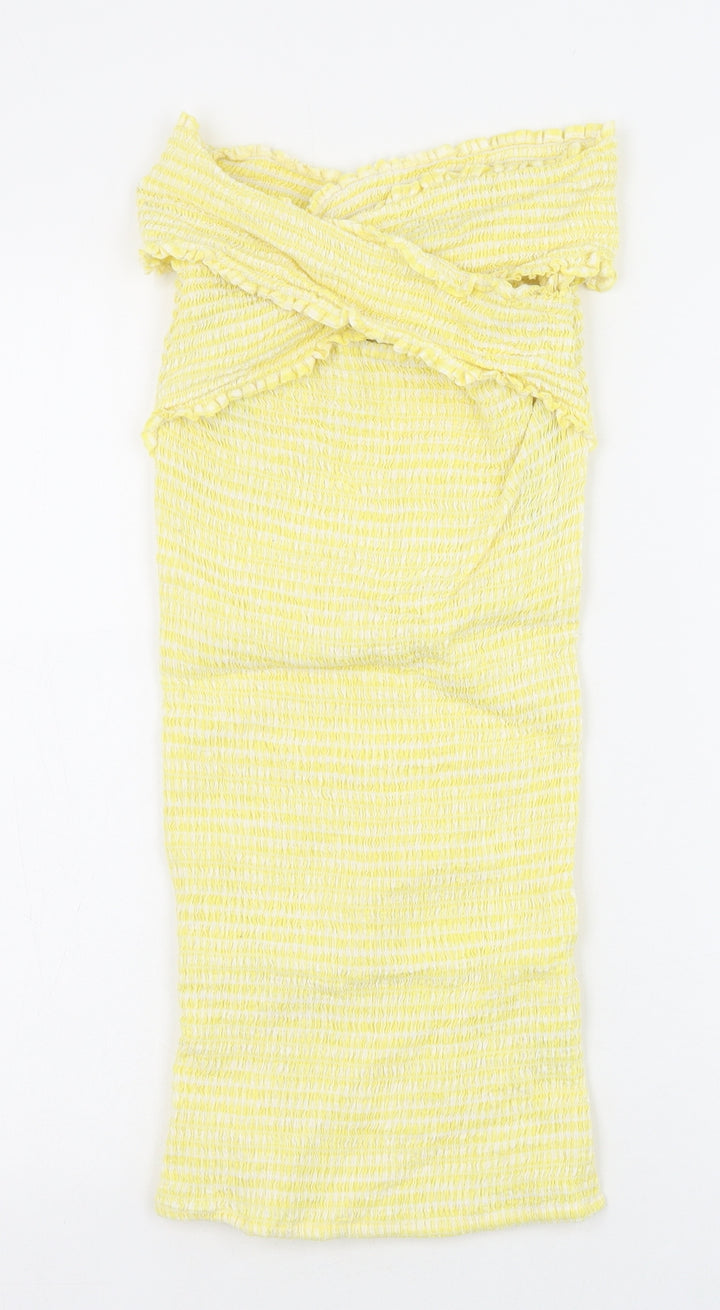Missguided Womens Yellow Check 100% Cotton Bodycon Size 6 Off the Shoulder Pullover