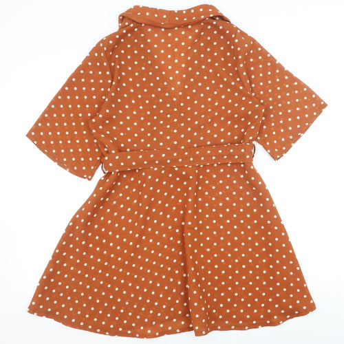 PRETTYLITTLETHING Womens Brown Polka Dot Polyester Fit & Flare Size 6 V-Neck Tie