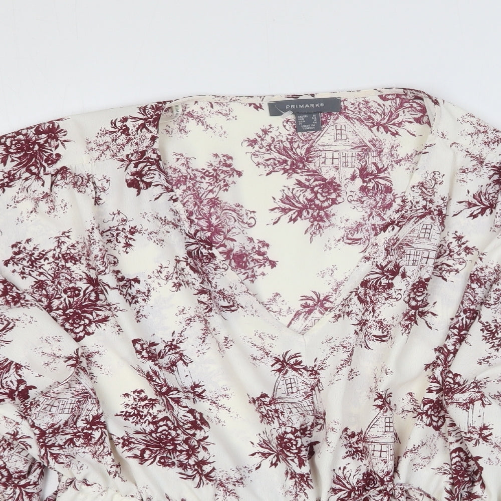 Primark Womens White Geometric Polyester Basic Blouse Size 16 V-Neck