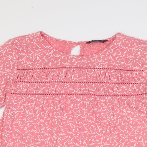 Marks and Spencer Womens Pink Geometric 100% Cotton Basic T-Shirt Size 6 Round Neck
