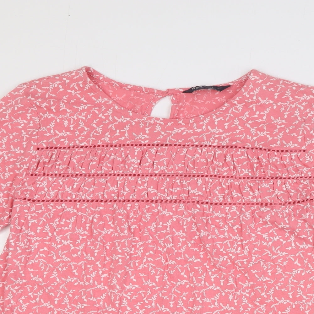 Marks and Spencer Womens Pink Geometric 100% Cotton Basic T-Shirt Size 6 Round Neck