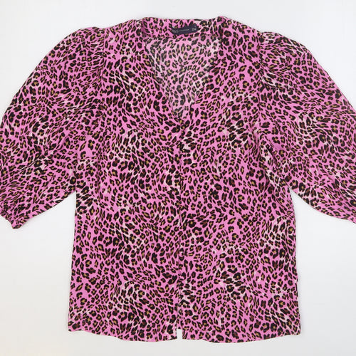 Marks and Spencer Womens Pink Animal Print Viscose Basic Blouse Size 8 V-Neck - Leopard Print