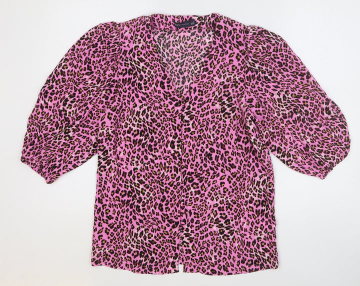 Marks and Spencer Womens Pink Animal Print Viscose Basic Blouse Size 8 V-Neck - Leopard Print