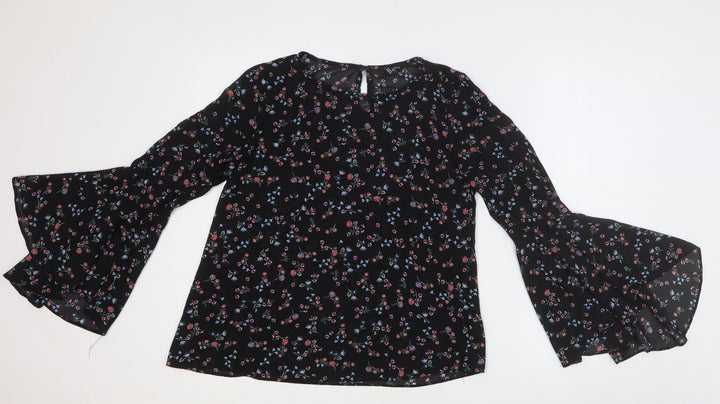 New Look Womens Black Geometric Polyester Basic Blouse Size 8 Round Neck