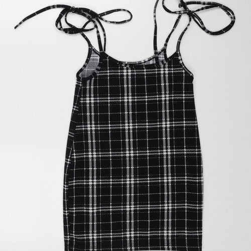 SheIn Womens Black Plaid Polyester A-Line Size XS Scoop Neck Tie