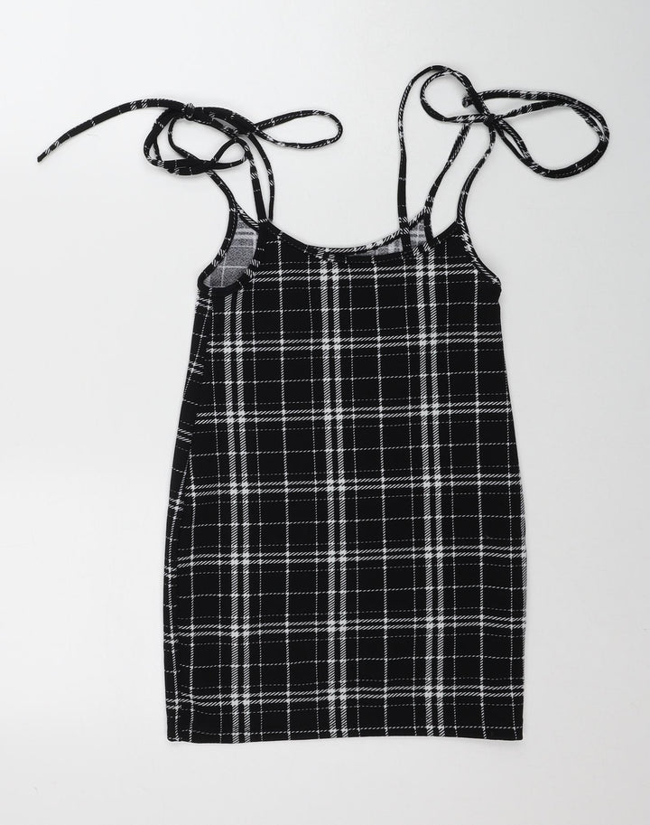 SheIn Womens Black Plaid Polyester A-Line Size XS Scoop Neck Tie