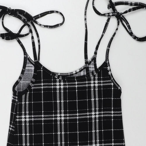 SheIn Womens Black Plaid Polyester A-Line Size XS Scoop Neck Tie