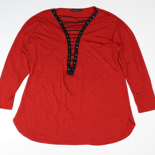 Zanzea Womens Red V-Neck Polyester Pullover Jumper Size 4XL