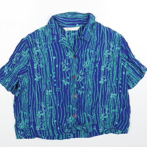 BHS Womens Blue Geometric Viscose Basic Button-Up Size 16 V-Neck