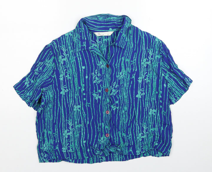 BHS Womens Blue Geometric Viscose Basic Button-Up Size 16 V-Neck