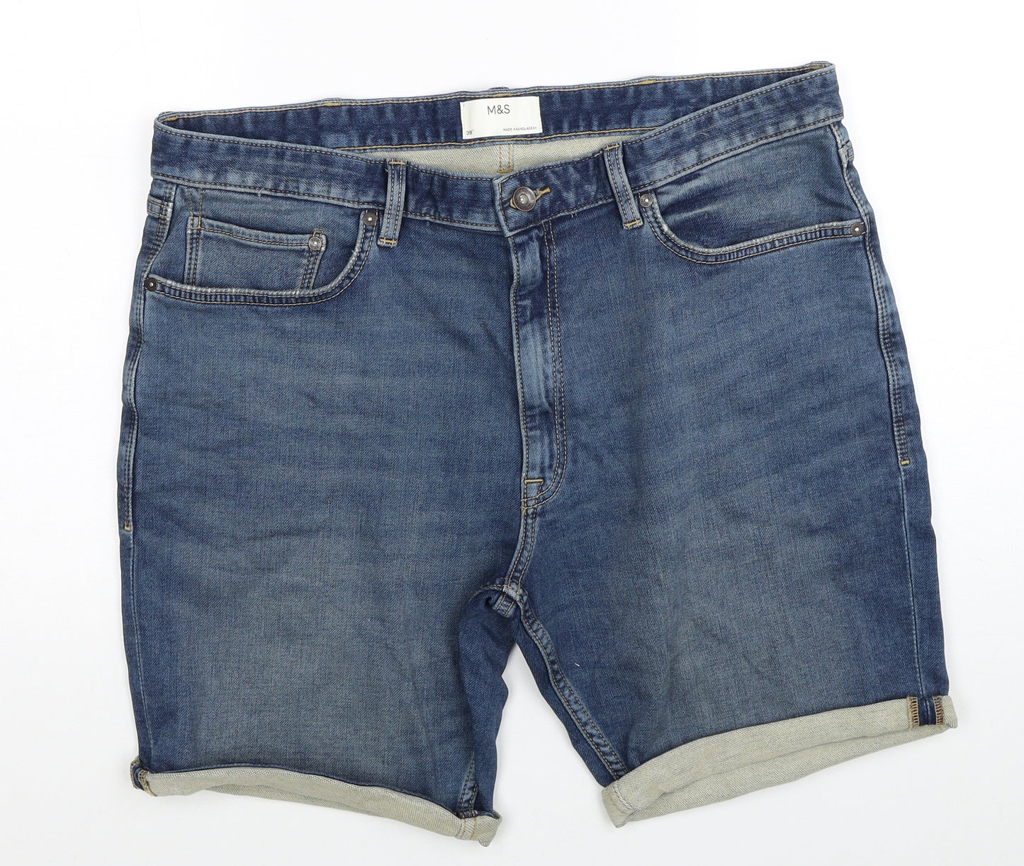 Marks and Spencer Mens Blue Cotton Biker Shorts Size 38 in Regular Zip