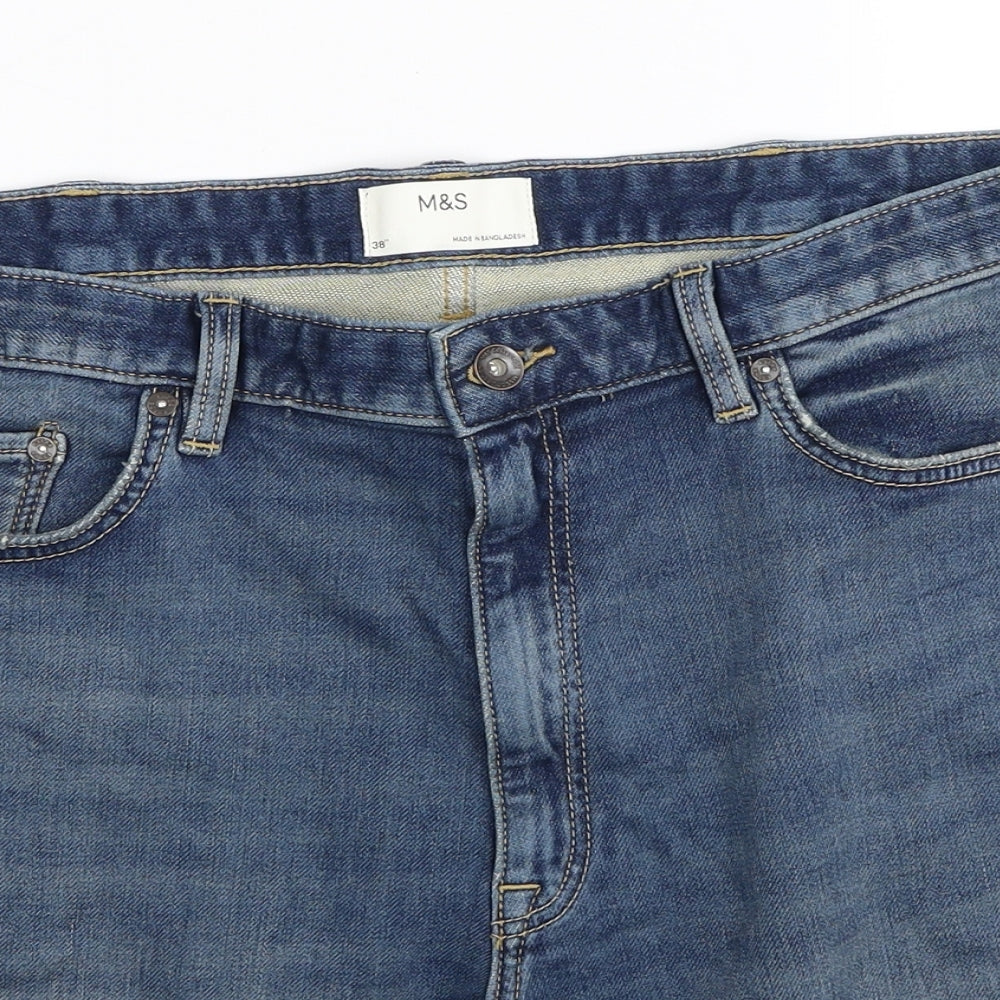 Marks and Spencer Mens Blue Cotton Biker Shorts Size 38 in Regular Zip
