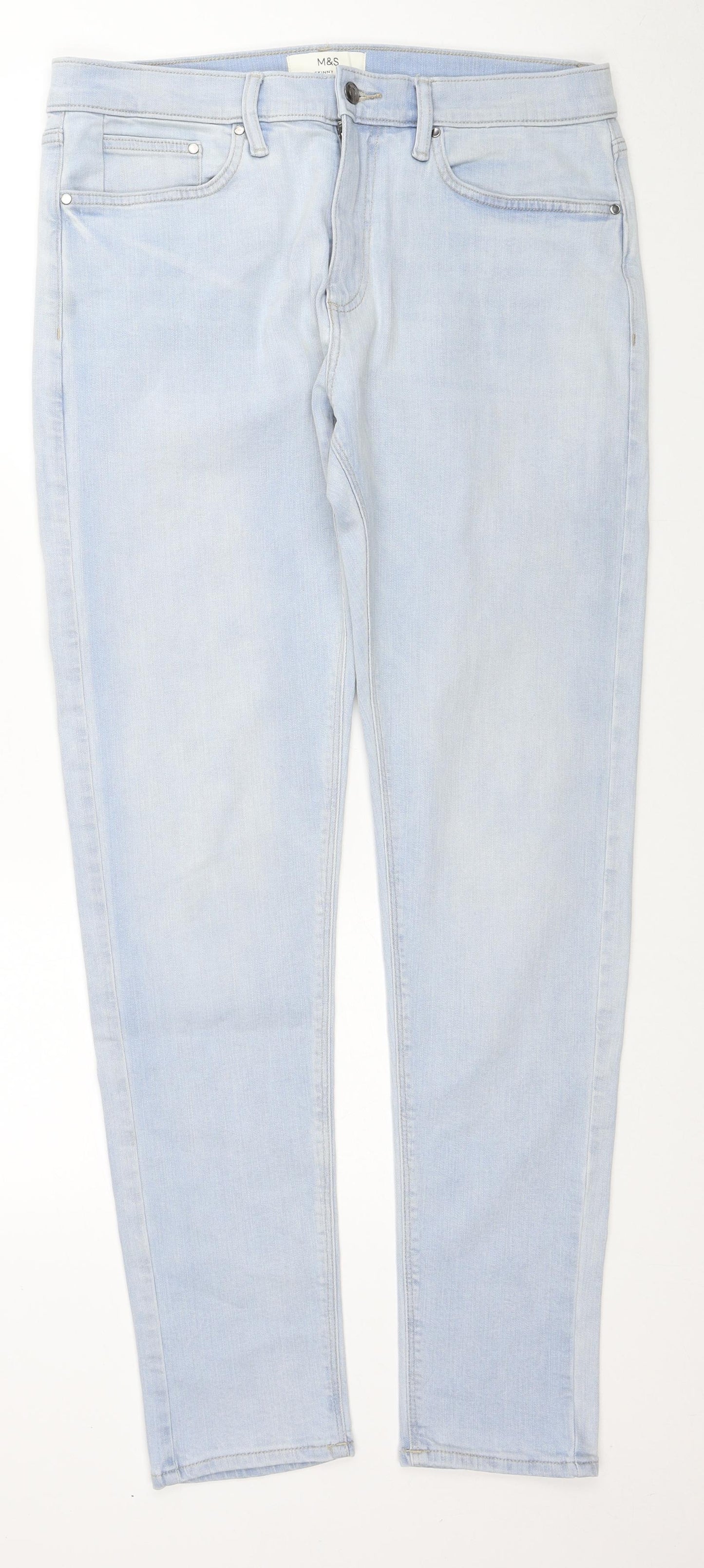 Marks and Spencer Mens Blue Cotton Skinny Jeans Size 34 in L33 in Slim Zip