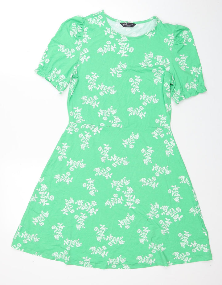 Marks and Spencer Womens Green Floral Viscose Fit & Flare Size 10 Round Neck Pullover