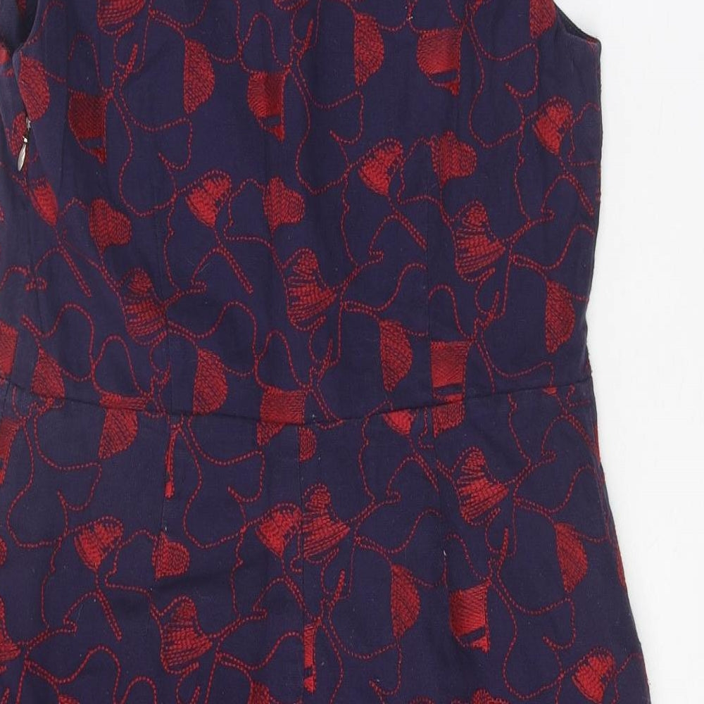 White Stuff Womens Purple Floral Cotton A-Line Size 12 Boat Neck Zip