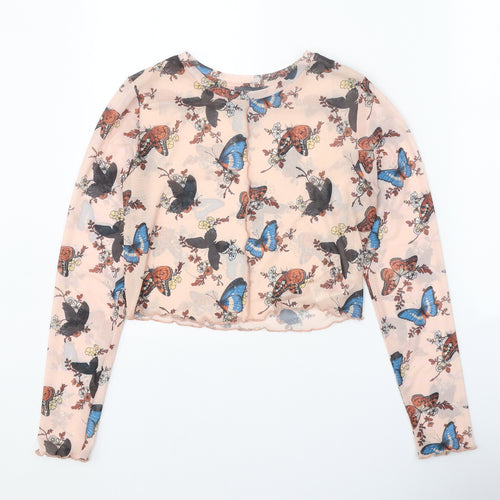 Primark Womens Beige Geometric Polyester Basic Blouse Size 10 Round Neck - Butterfly Print