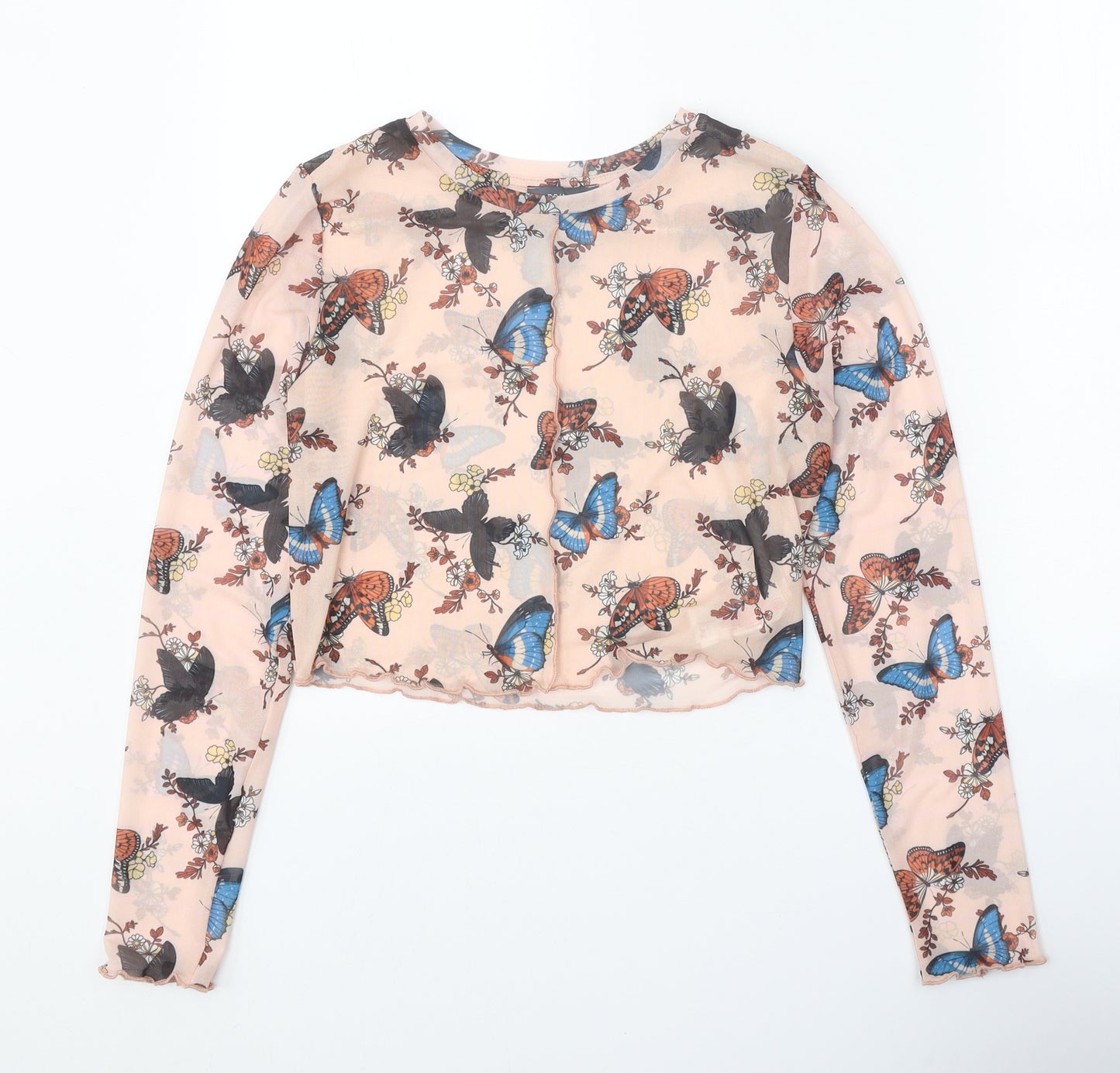 Primark Womens Beige Geometric Polyester Basic Blouse Size 10 Round Neck - Butterfly Print
