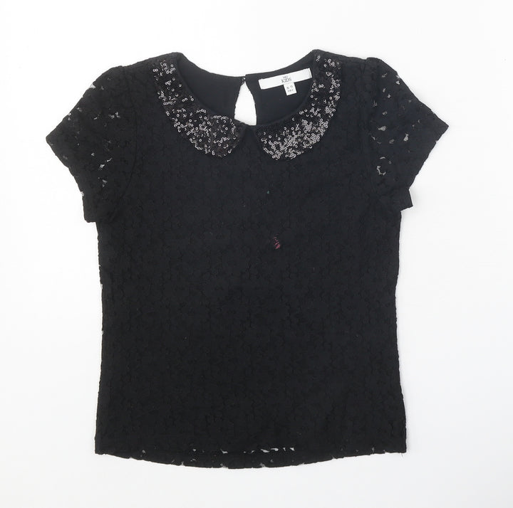 Marks and Spencer Girls Black 100% Cotton Pullover T-Shirt Size 8-9 Years Collared Button - Lace