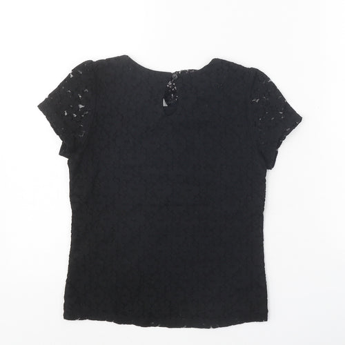 Marks and Spencer Girls Black 100% Cotton Pullover T-Shirt Size 8-9 Years Collared Button - Lace