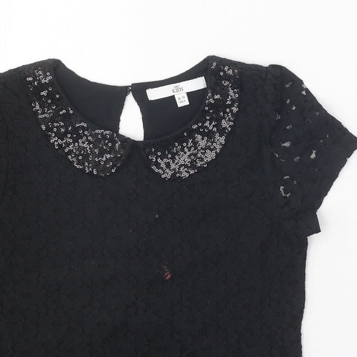 Marks and Spencer Girls Black 100% Cotton Pullover T-Shirt Size 8-9 Years Collared Button - Lace