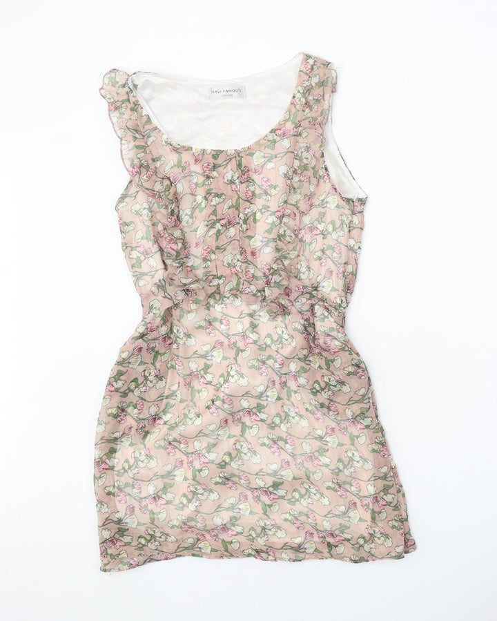 Ravi Famous Womens Pink Geometric Cotton Basic Tank Size M Round Neck