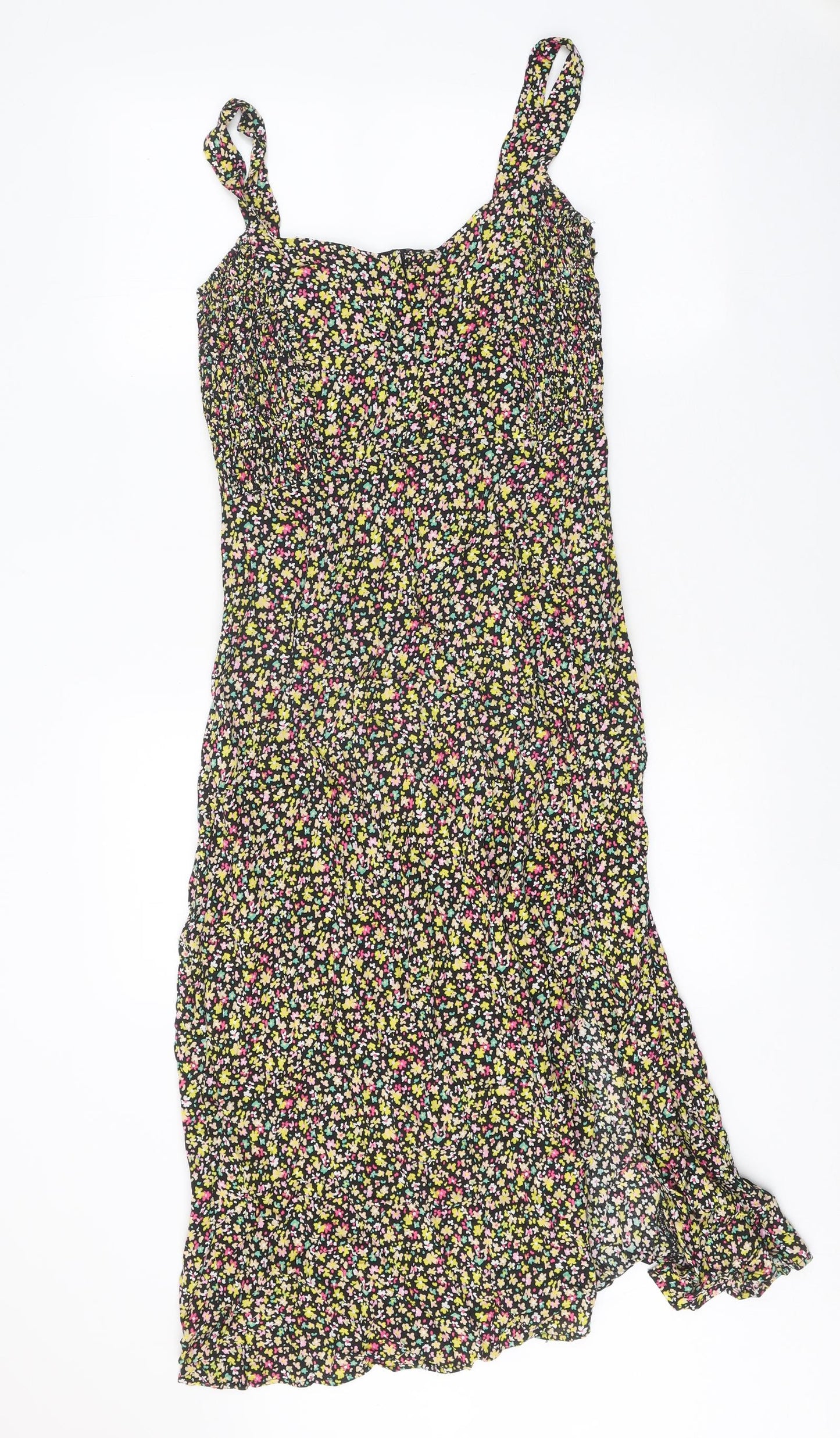 Zara Womens Black Floral Viscose Tank Dress Size L Scoop Neck Zip