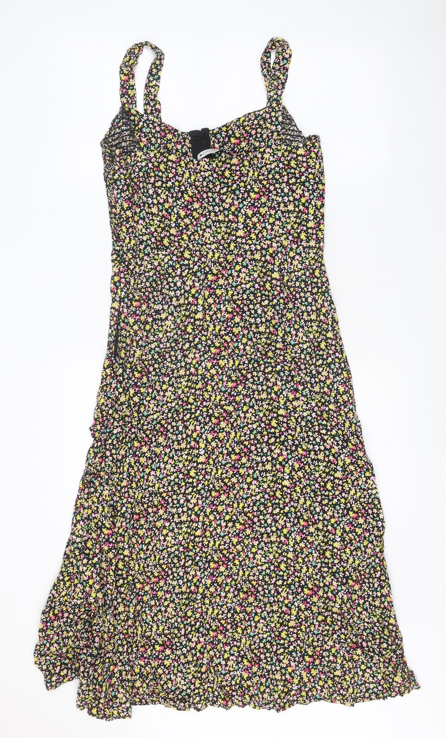 Zara Womens Black Floral Viscose Tank Dress Size L Scoop Neck Zip
