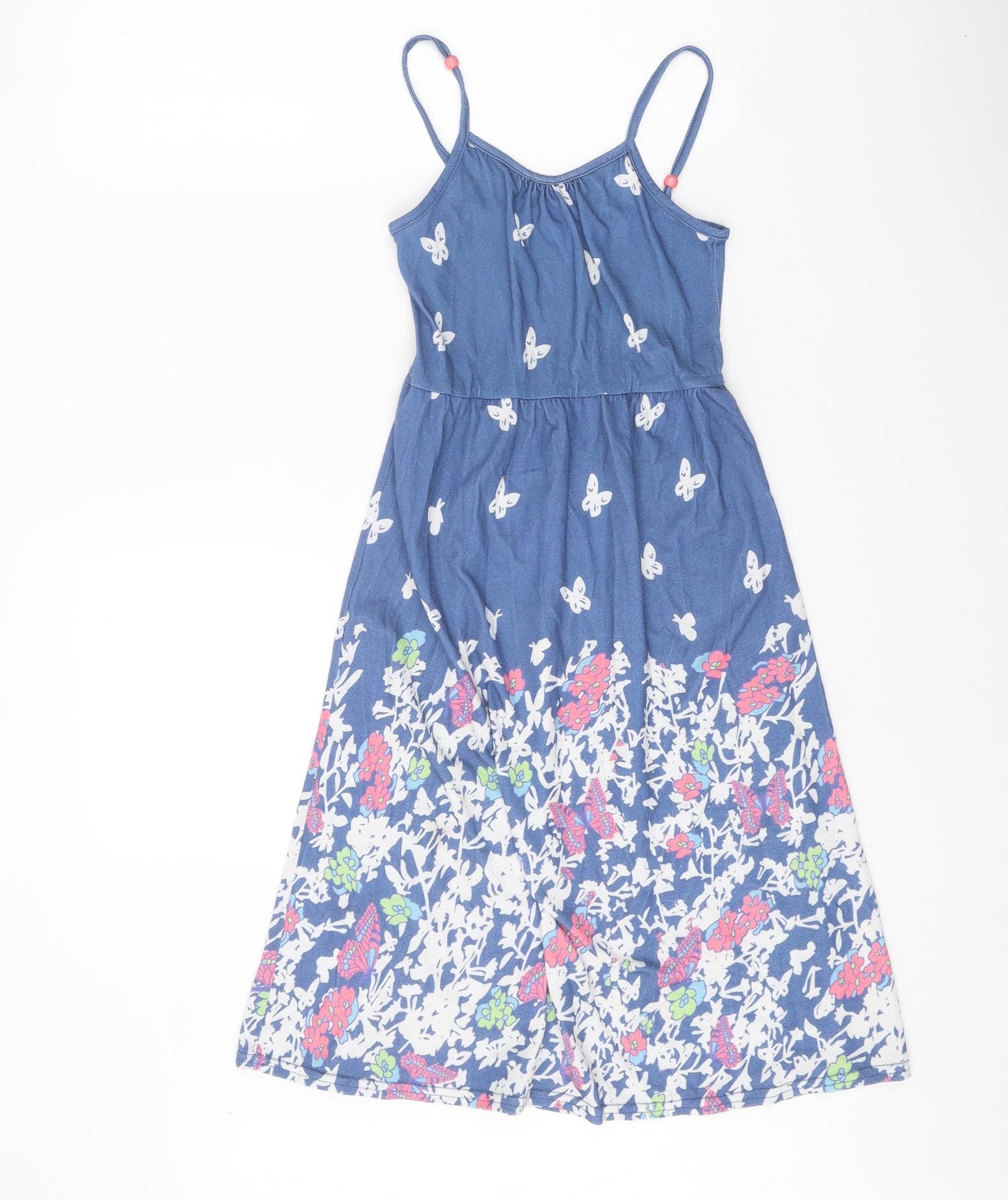 M&Co Girls Blue Geometric Polyester Fit & Flare Size 8-9 Years Scoop Neck Pullover - Butterfly Pattern