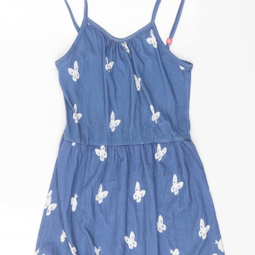M&Co Girls Blue Geometric Polyester Fit & Flare Size 8-9 Years Scoop Neck Pullover - Butterfly Pattern