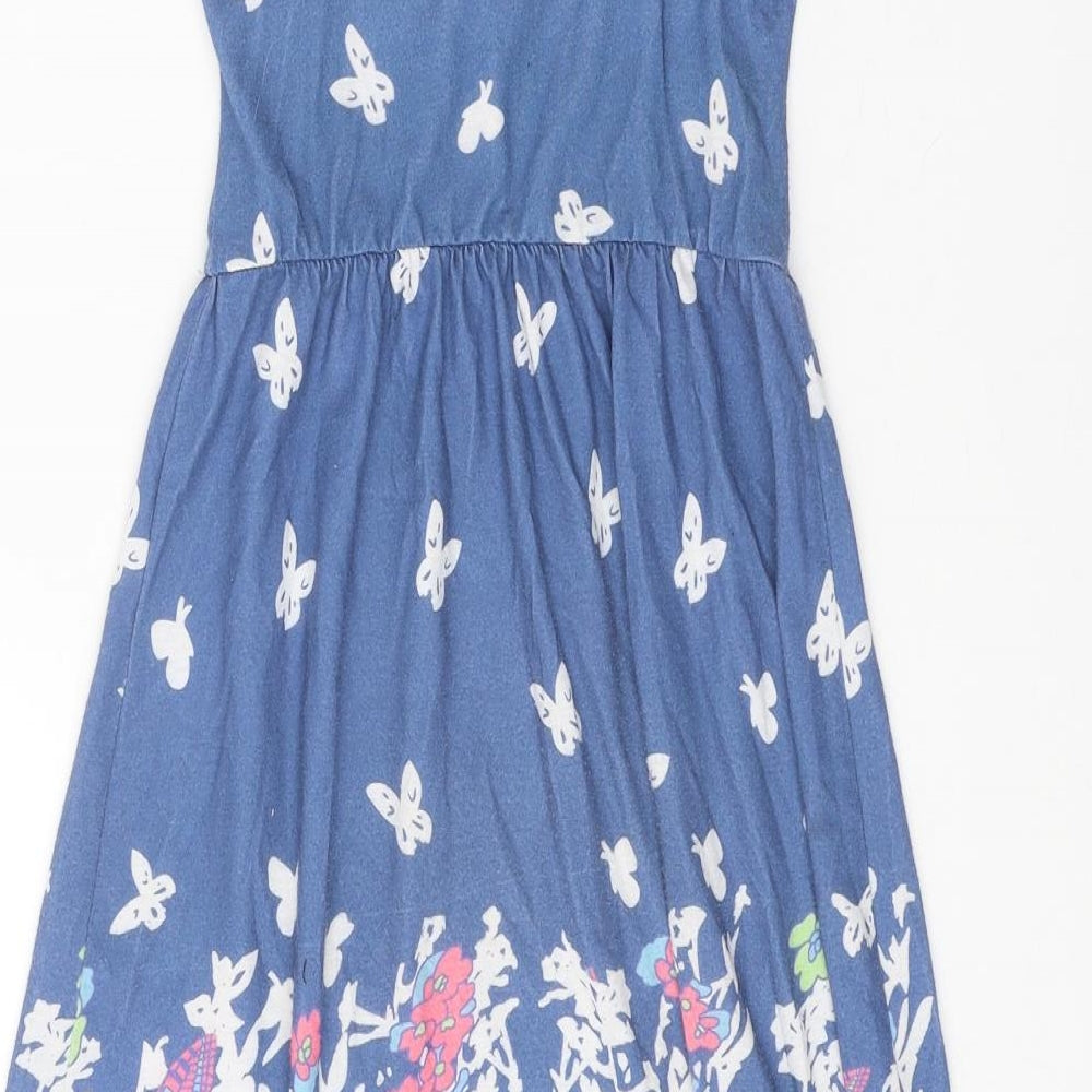 M&Co Girls Blue Geometric Polyester Fit & Flare Size 8-9 Years Scoop Neck Pullover - Butterfly Pattern