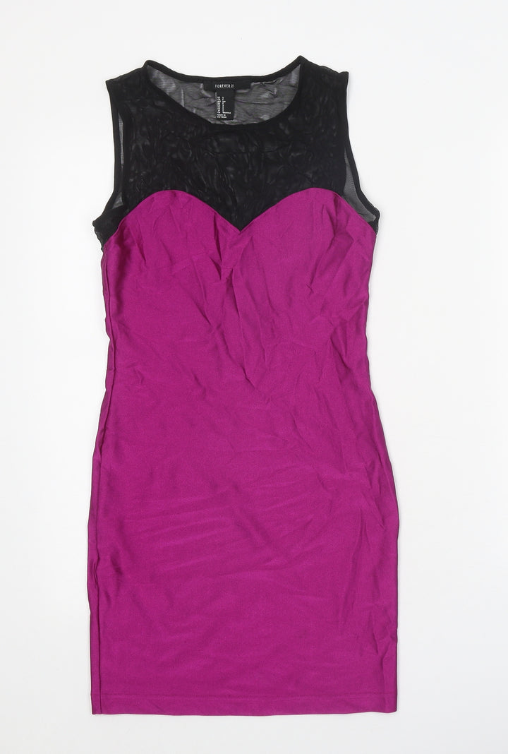 FOREVER 21 Womens Purple Colourblock Nylon A-Line Size S Round Neck Pullover