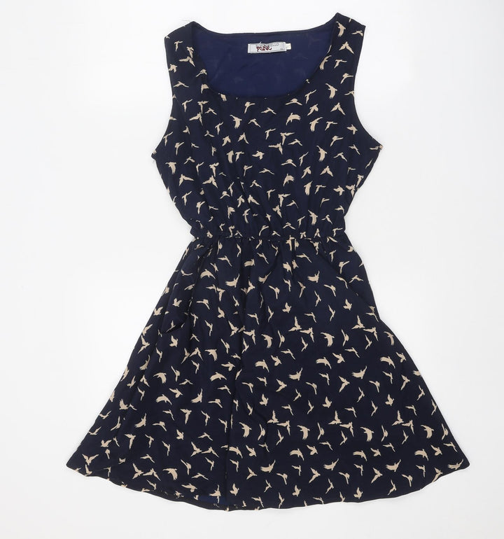 Portobello Womens Blue Geometric Polyester Fit & Flare Size M Scoop Neck Tie - Bird Pattern