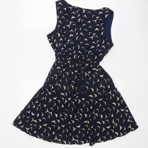 Portobello Womens Blue Geometric Polyester Fit & Flare Size M Scoop Neck Tie - Bird Pattern