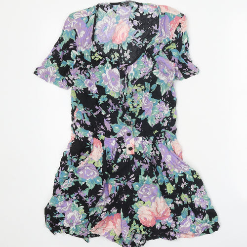 Warehouse Womens Black Floral Viscose Playsuit One-Piece Size 8 Tie