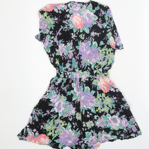 Warehouse Womens Black Floral Viscose Playsuit One-Piece Size 8 Tie