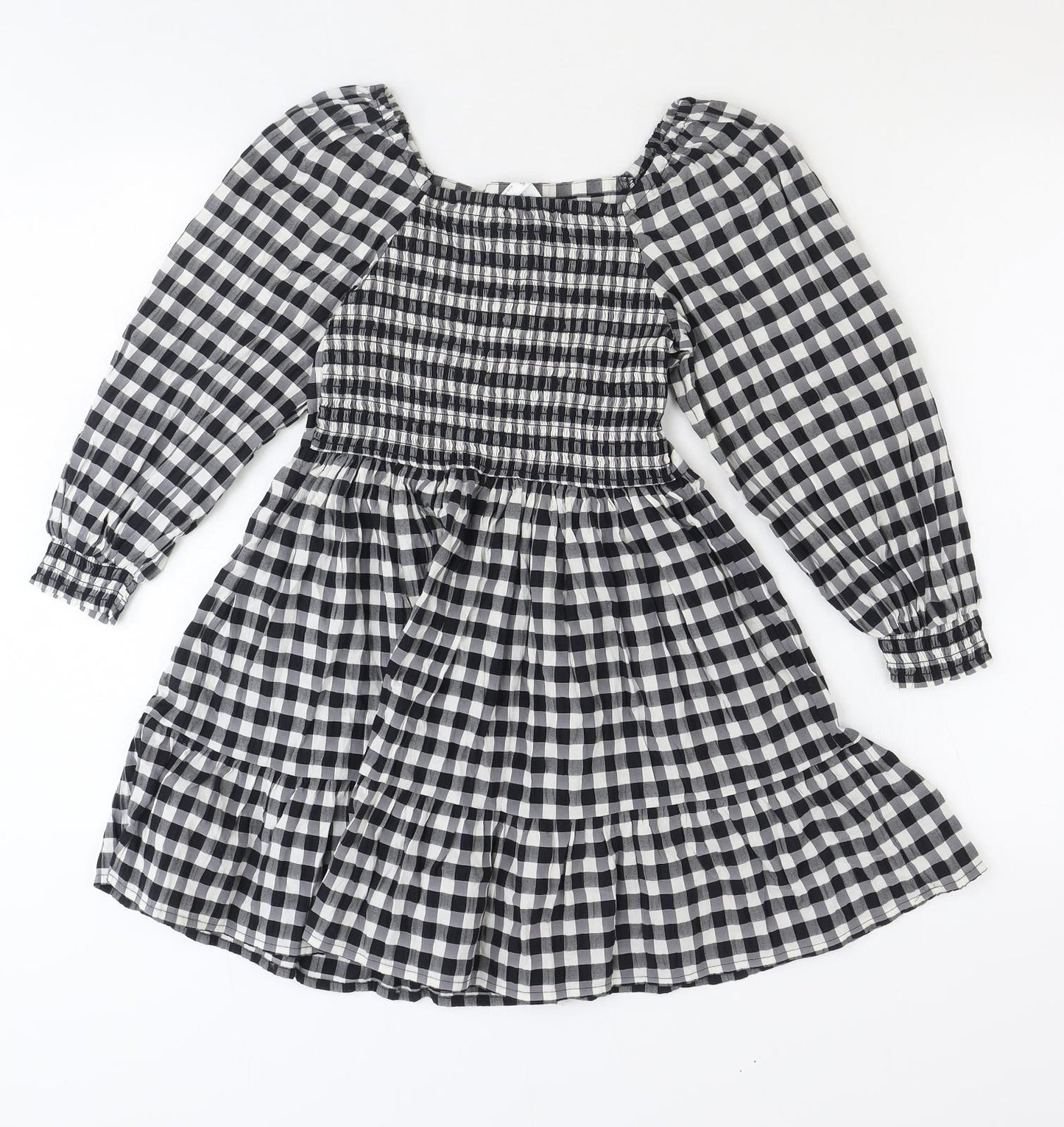 Marks and Spencer Girls Black Check Polyester Skater Dress Size 10 Years Square Neck Pullover