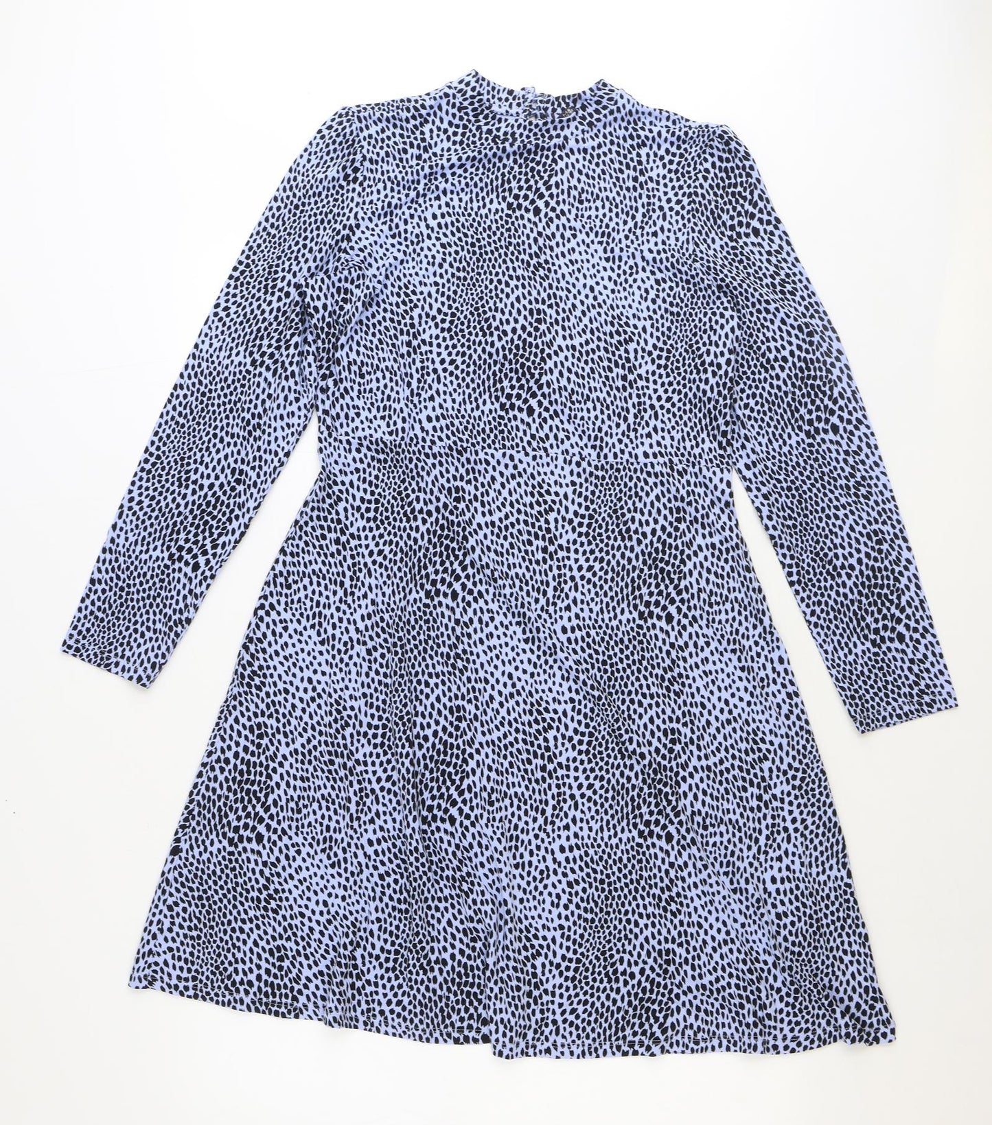 Marks and Spencer Womens Blue Animal Print Viscose Fit & Flare Size 12 Round Neck Button - Leopard Pattern