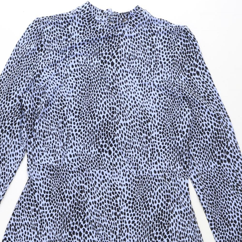 Marks and Spencer Womens Blue Animal Print Viscose Fit & Flare Size 12 Round Neck Button - Leopard Pattern