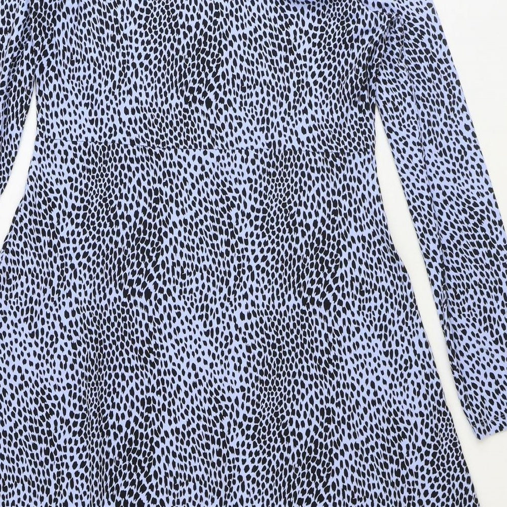 Marks and Spencer Womens Blue Animal Print Viscose Fit & Flare Size 12 Round Neck Button - Leopard Pattern
