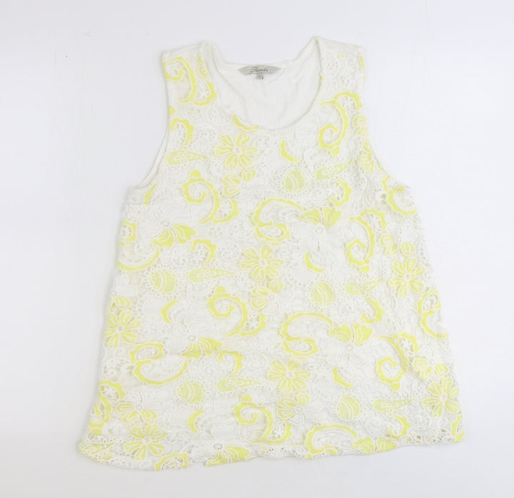 Peacocks Womens Yellow Geometric Polyester Basic Tank Size 10 Round Neck - Broderie Anglaise