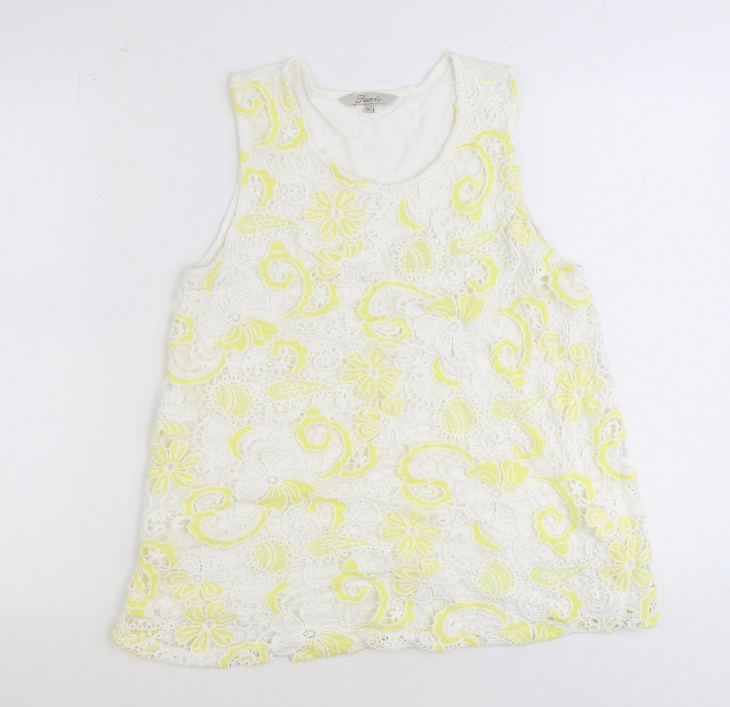 Peacocks Womens Yellow Geometric Polyester Basic Tank Size 10 Round Neck - Broderie Anglaise