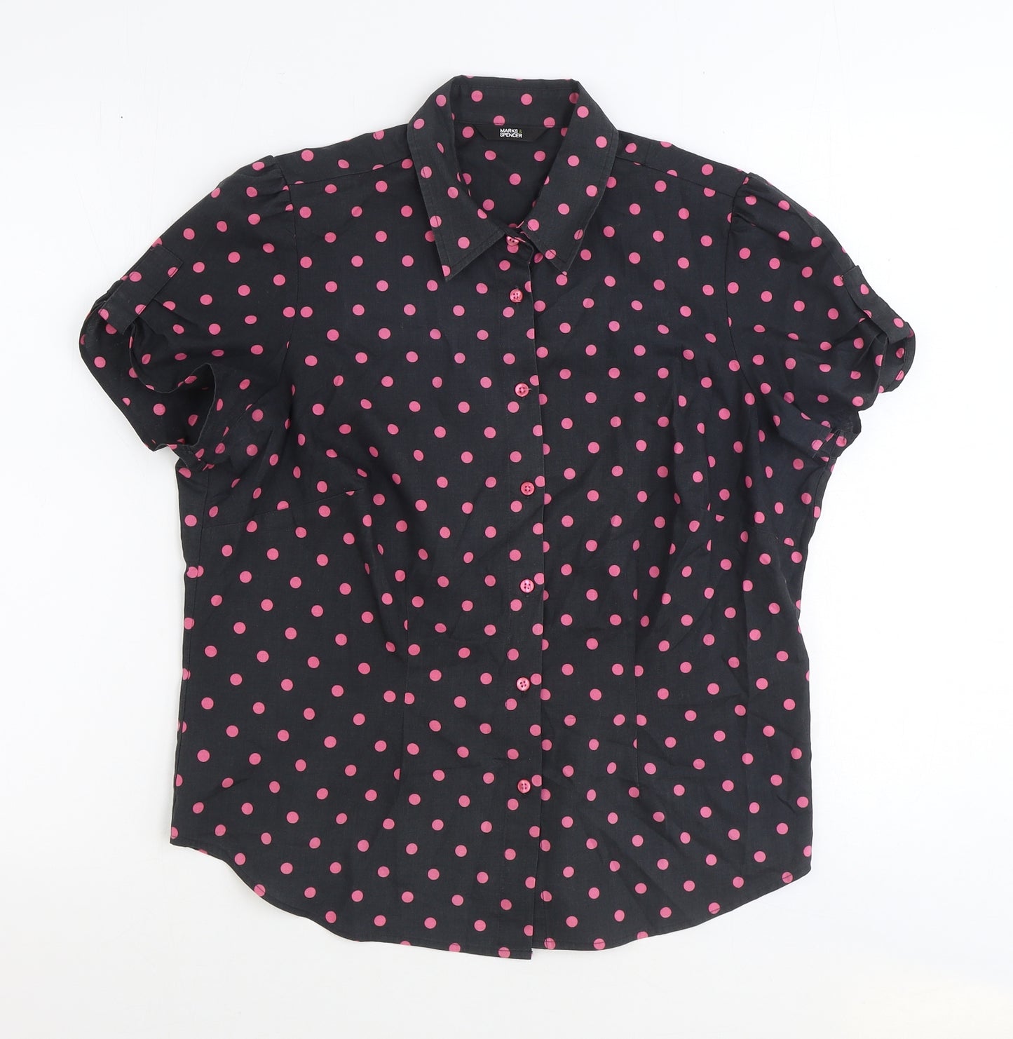 Marks and Spencer Womens Black Polka Dot Polyester Basic T-Shirt Size 14 V-Neck