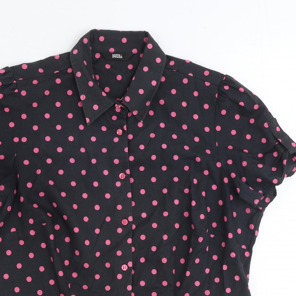 Marks and Spencer Womens Black Polka Dot Polyester Basic T-Shirt Size 14 V-Neck